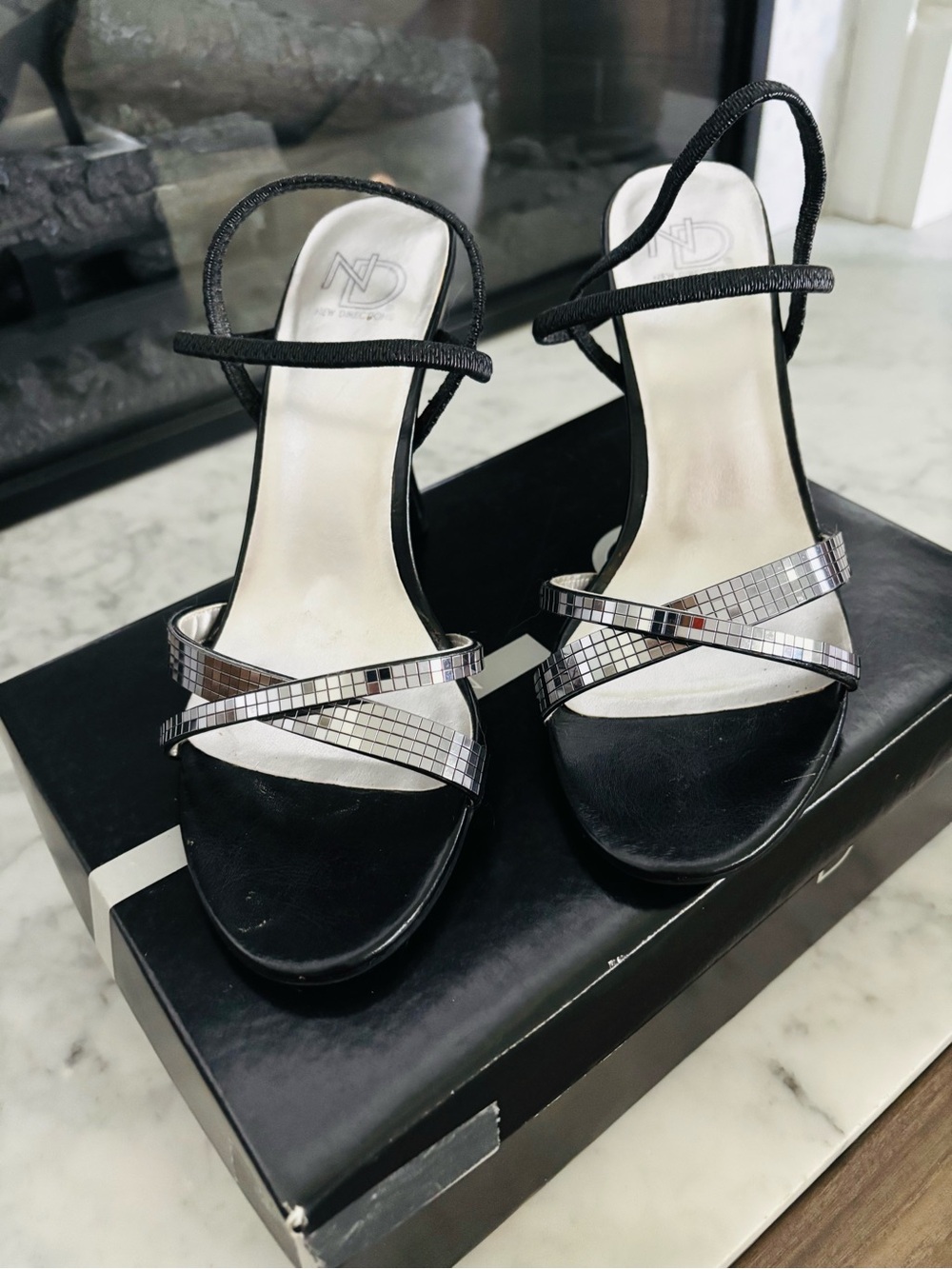 New Directions Black Cocktail Heels with Silver Mirror Style Straps